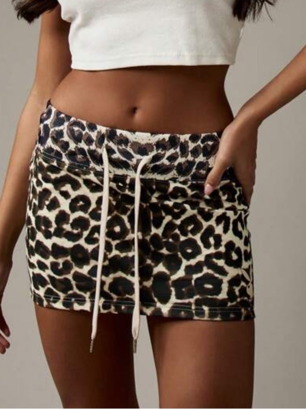 Leopard Print Drawstring Mini Skirt - Beige/Black